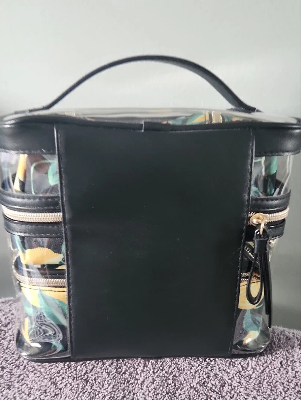 Victoria's Secret Clear Floral Cosmetic Case - Black Trim with Yellow Accents